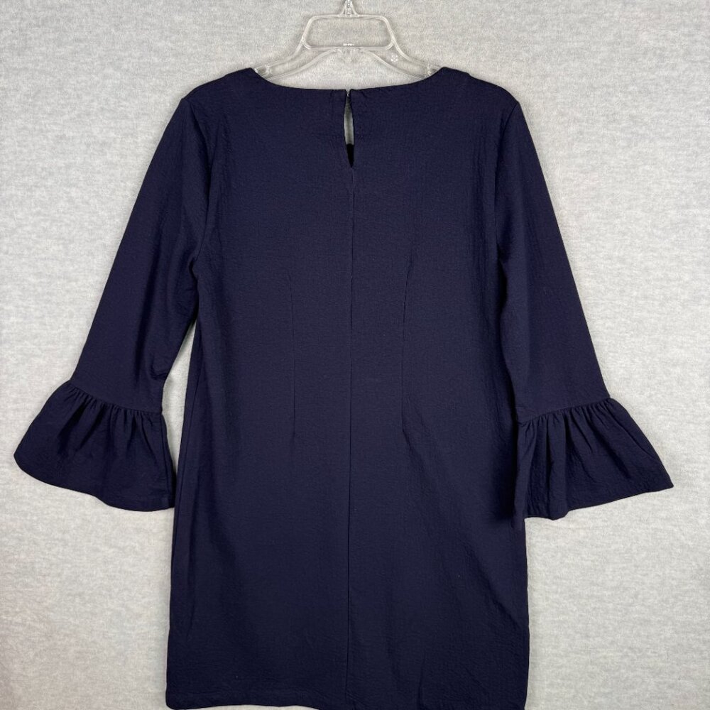 J Crew Factory M Solid Ruffle Sleeve Shift Dress Navy Blue Textured Cotton Blend - Picture 5 of 12